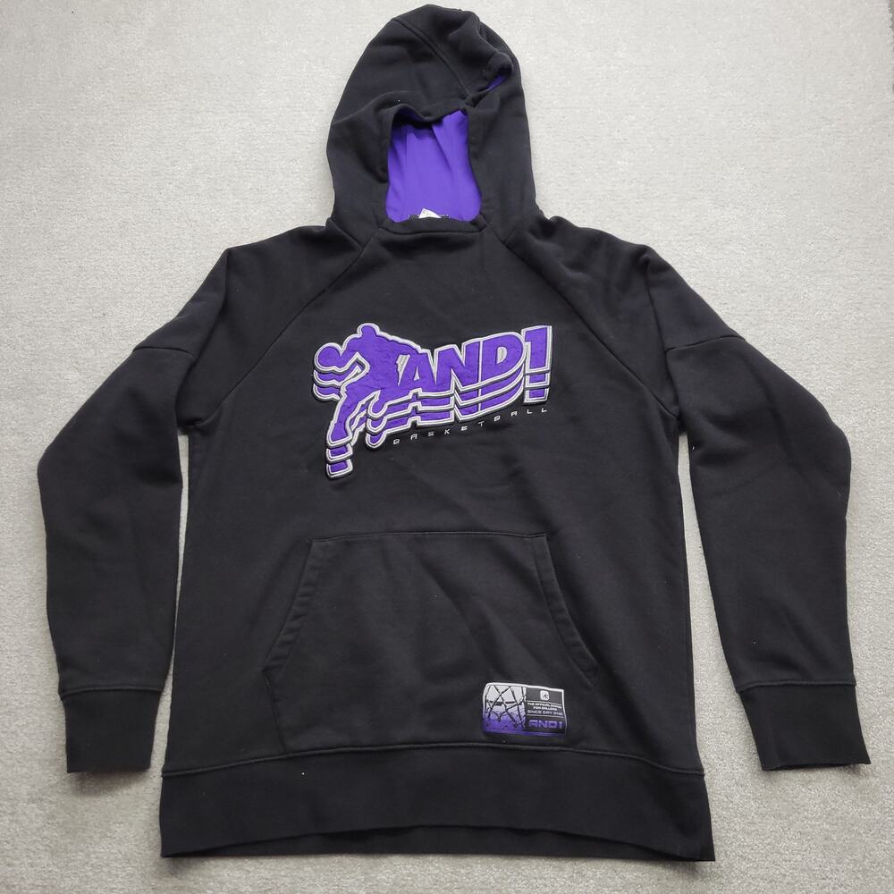 AND1 Basketball Hoodie Medium Black Purple Graphic Pullover Streetwear